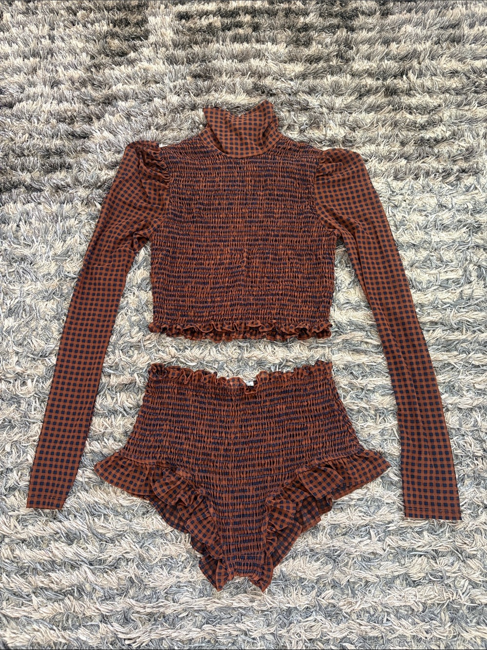 Free People Intimately All Prepped Gingham Smocked Mock Neck & Shorts Set S